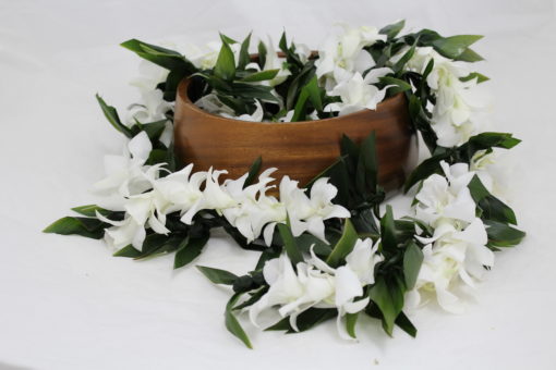 ti leaf maile lei with white orchids