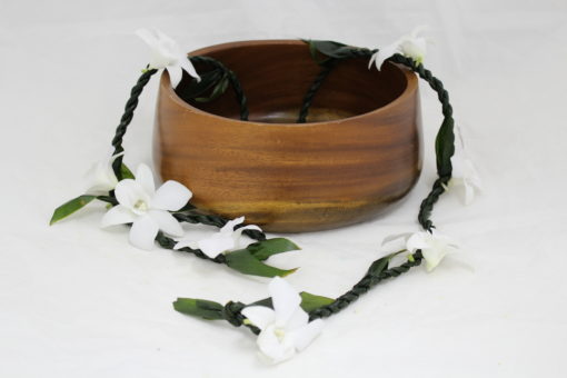 ti leaf lei with white orchids
