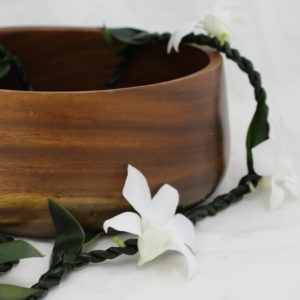 ti leaf lei with white orchids