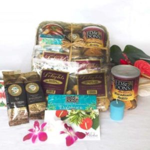 hawaiian gift basket with candy and kona coffee