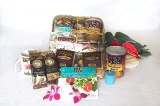 hawaiian gift basket with candy and kona coffee