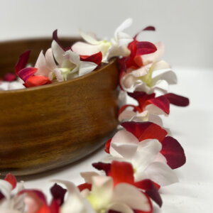 white and red orchid lei