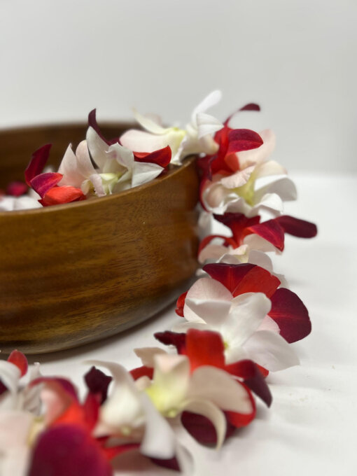 white and red orchid lei